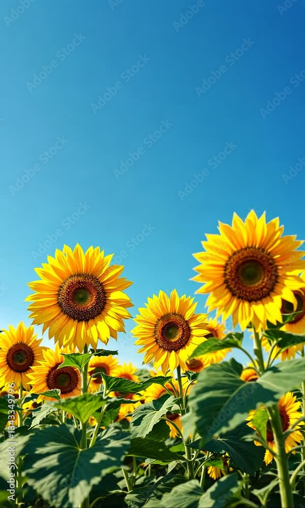 Blooming Sunflowers Facing Sun in Open Field with Blue Sky Blooming Sunflowers Facing Sun in Open Field with Blue Sky