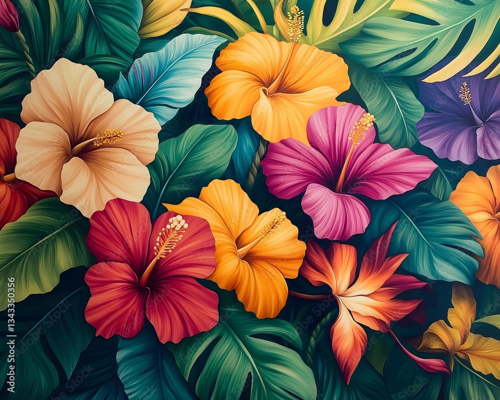 custom made wallpaper toronto digitalColorful Hibiscus Flowers and Tropical Leaves Artistic Composition