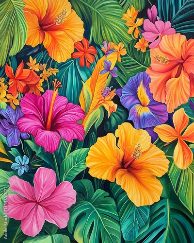 Wallpaper Mural Vibrant Tropical Flower Arrangement with Hibiscus and Lush Green Leaves Torontodigital.ca
