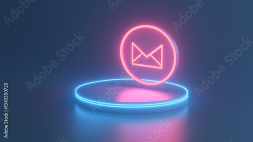 Neon Mail Icon on Glowing Platform for Modern Digital Communication and Messaging Concepts