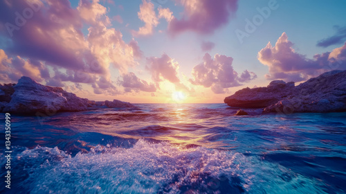 Calm seascape: Sunset at horizon with water and rocks