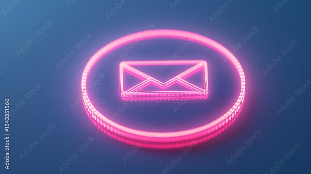 Fototapeta premium Neon Pink Email Icon with Circular Background on Abstract Blue Gradient Design for Digital Communication Concepts