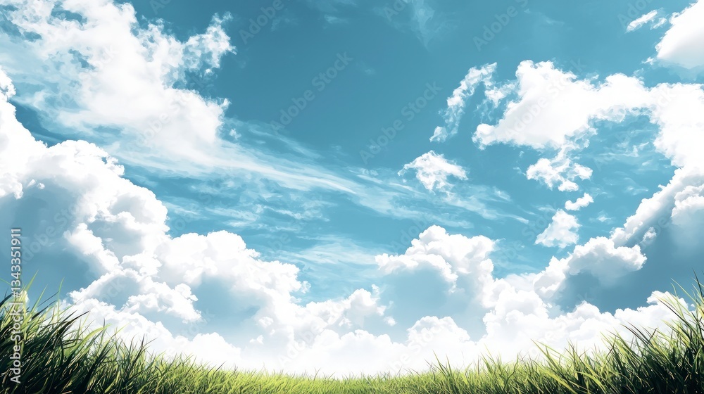 Serene Summer Landscape Blue Sky Fluffy Clouds Green Grass Serene Summer Landscape Blue Sky Fluffy Clouds Green Grass