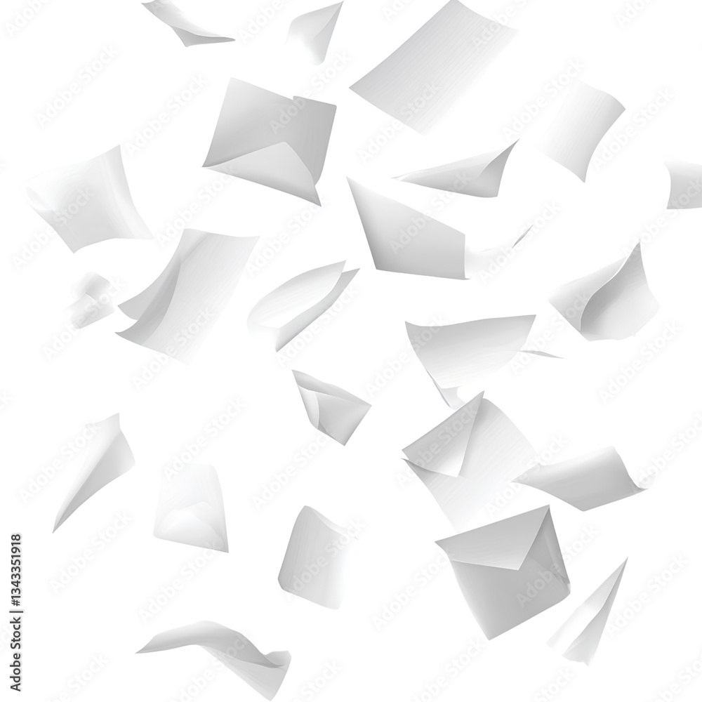 White paper sheets flying around, different angles, transparent background White paper sheets flying around, different angles, transparent background