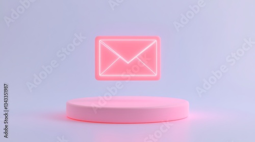 Neon Pink Floating Mail Icon on Soft Pink Platform with Minimalistic Background