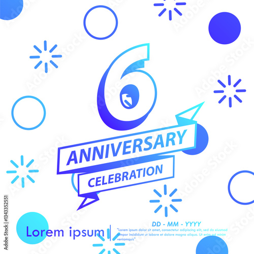 6th years anniversary celebration emblem. blue gradient anniversary logo with ribbon on memphis style background. vector illustration template design