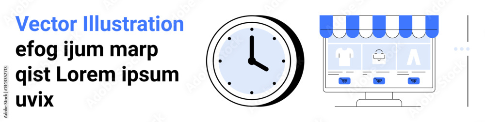 Clock and storefront interface with product icons and email prompts. Ideal for e-commerce, time management, online shopping, business efficiency, retail, marketing, and simple landing page Clock and storefront interface with product icons and email prompts. Ideal for e-commerce, time management, online shopping, business efficiency, retail, marketing, and simple landing page