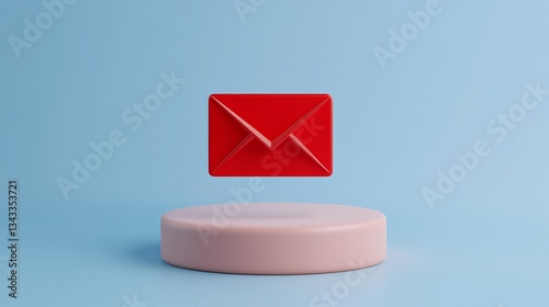 Red Envelope Floating Above Pink Round Platform on Light Blue Background for Communication and Messaging Concepts
