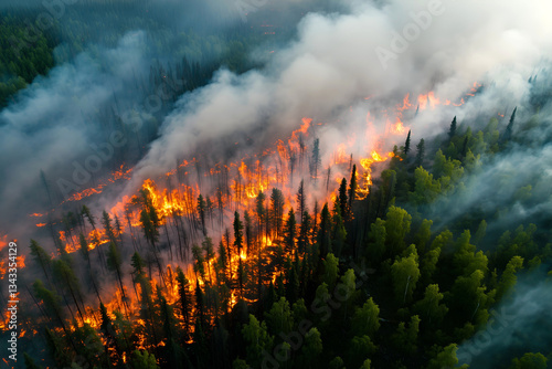 Aerial view of forest wildfire with flames and smoke in dense woodland