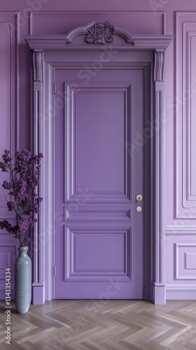 A stunning purple door graces a beautifully designed room with intricate moldings and a sleek vase of decorative branches  creating a harmonious ambiance