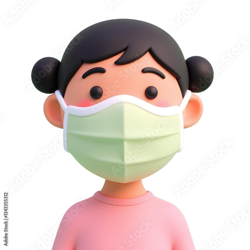 An asian girl, 8 years old, black hair, wearing a green mask and a pink shirt, white background