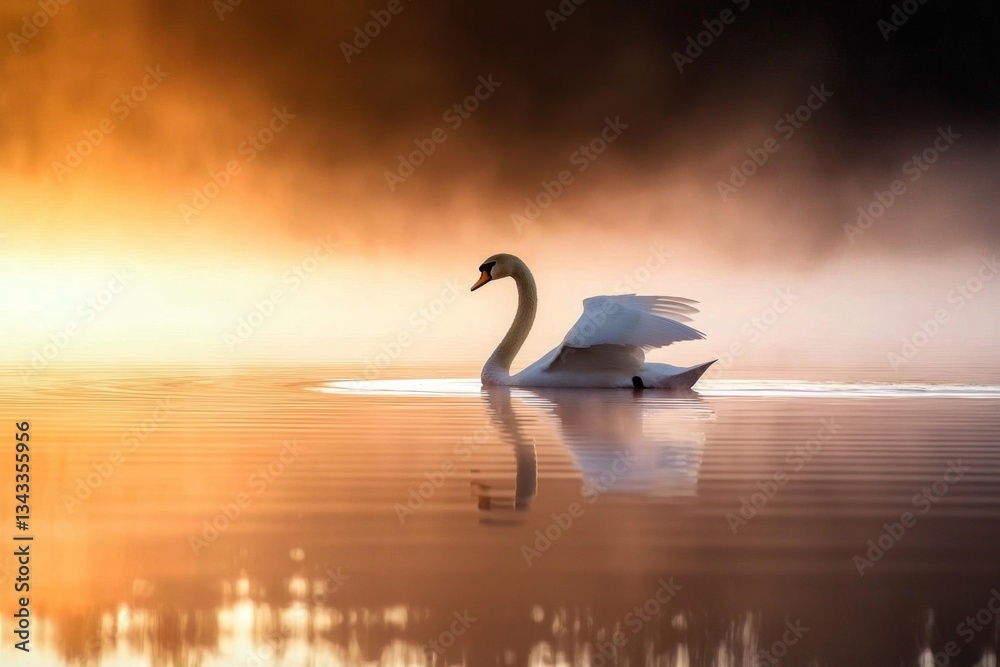 Fototapeta premium Mist envelops the lake, creating a mystical atmosphere for the swan.