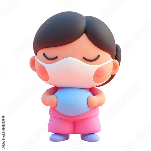 A 7 year old asian girl with black hair and a white mask holding a blue ball with a white background