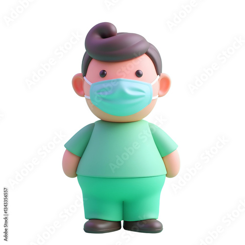 Cartoon of a white boy, 7 years old, with brown hair and wearing a green surgical gown and a blue mask, white background