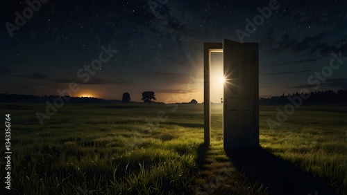 Nighttime light streaming through an open door in a field, the idea of fresh objectives, and advancement