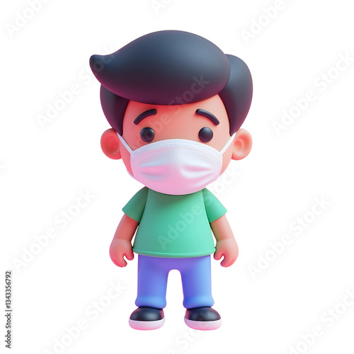 A 3D model of a 8 year old white boy with black hair and a green t-shirt wearing a white mask, isolated on white background