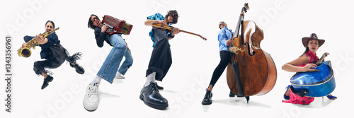 Photography Set of three people, artistic man and women playing double bass, saxophone, guitar and accordion against white background