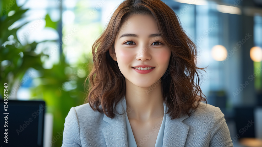 オフィスで微笑む女性 オフィスで微笑む女性