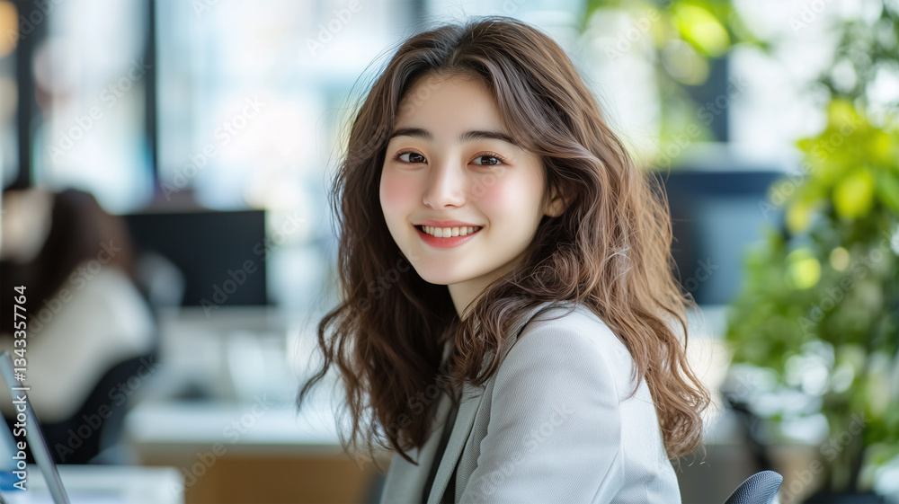 オフィスで微笑む女性 オフィスで微笑む女性