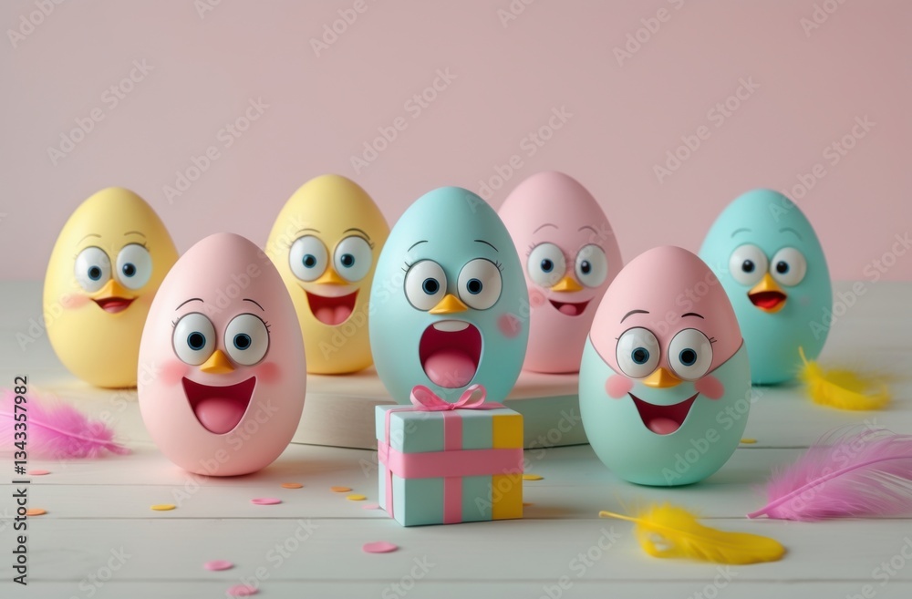 Fototapeta premium Colorful Easter eggs with expressive faces and gift boxes.