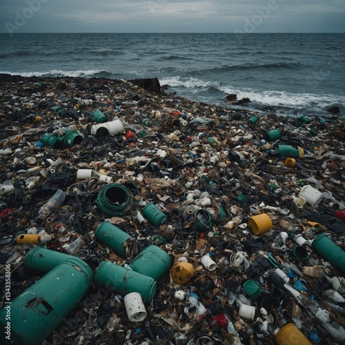 Beach covered in marine plastic litter and waste polluting a sea coast on an overcast day