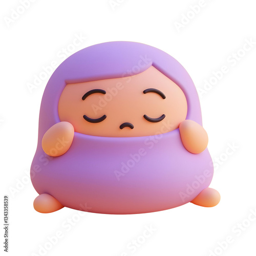 A cute 3D model of a 5 year old asian girl with fair skin, purple dress and closed eyes in a white background