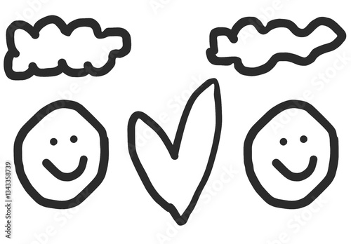 corações desenhados à mão, nuvens e sorriso em fundo transparente png