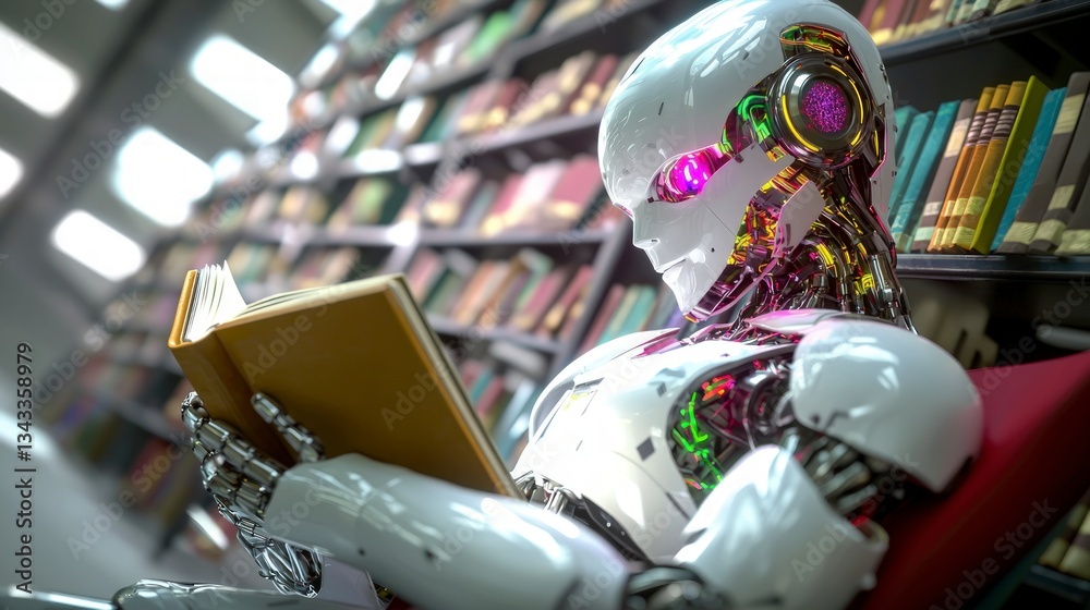 Fototapeta premium AI Robot Reading Book in Library Future of Learning Technology and Knowledge