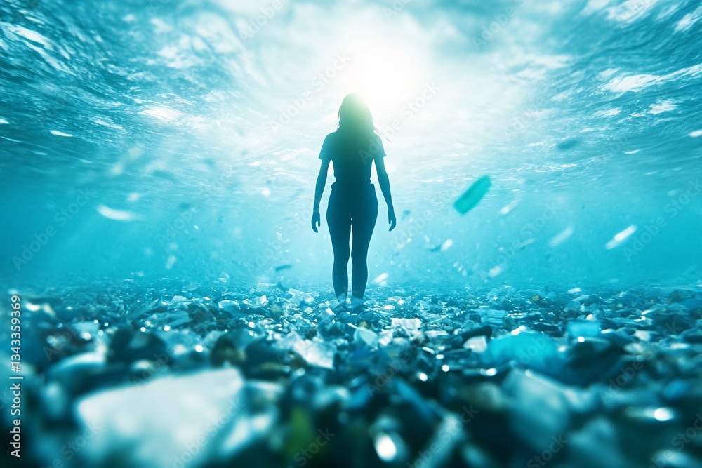 Fototapeta premium Person Standing in Sunlit Ocean Surrounded by Floating Plastic Waste