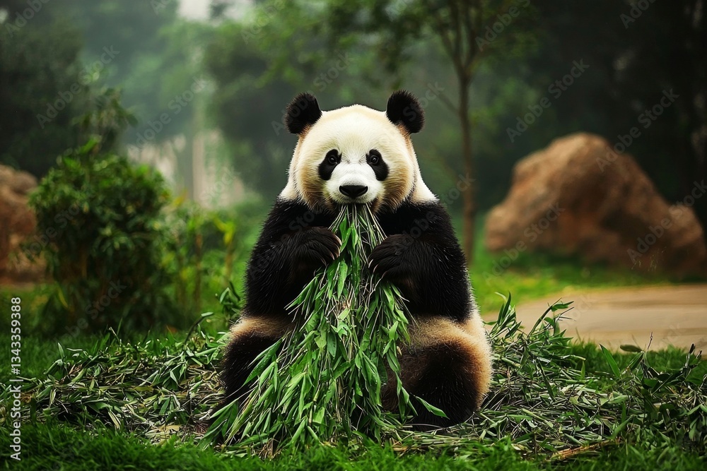 Naklejka premium Breakfast time at Chengdu Panda Base in China