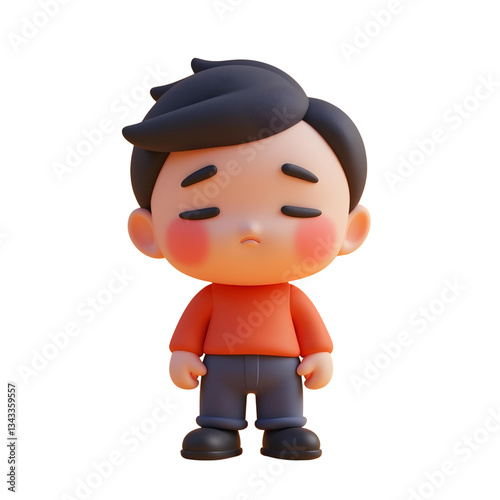 Asian boy, 8 years old, black hair, red shirt, gray pants, sad expression, white background