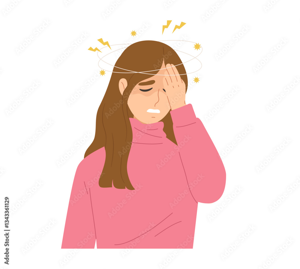 Young female having a dizzy symptom and raising her hand to touch her head. Concept of illness, vertigo, headache, dizziness, sickness. Flat vector illustration character about health. Young female having a dizzy symptom and raising her hand to touch her head. Concept of illness, vertigo, headache, dizziness, sickness. Flat vector illustration character about health.