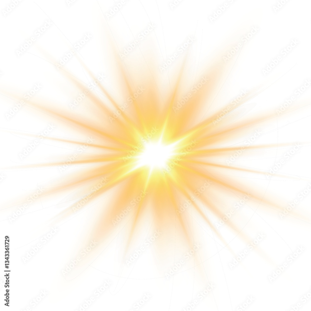 Obraz premium Yellow sun, a flash, a soft glow without departing rays. Star flashed with sparkles isolated on white background. Vector illustration of abstract yellow splash.