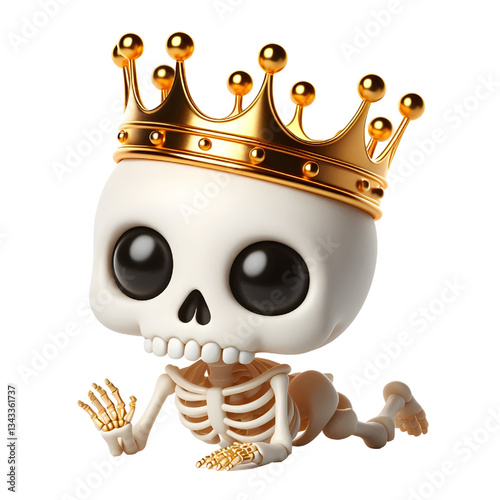 Cute 3d skeleton wearing golden royal crown isolated on white background