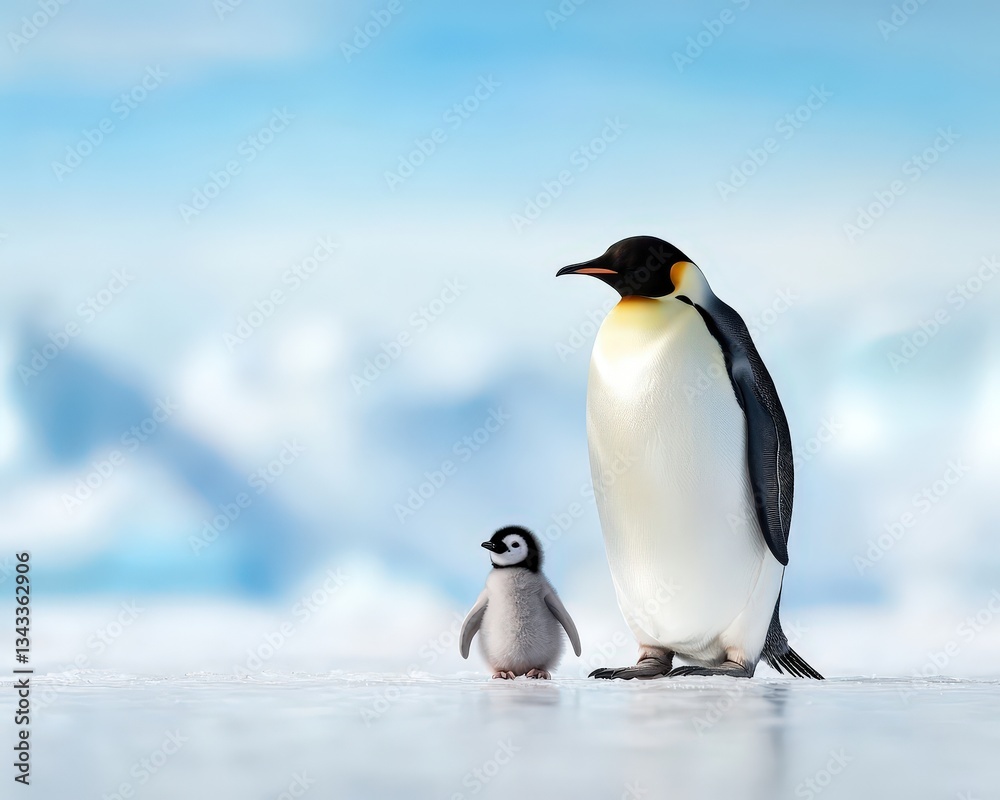 Fototapeta premium Adorable Emperor Penguin with Chick on Icy Antarctic Landscape