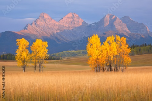 Golden Aspen Trees in Autumn Meadow with Mountain Range