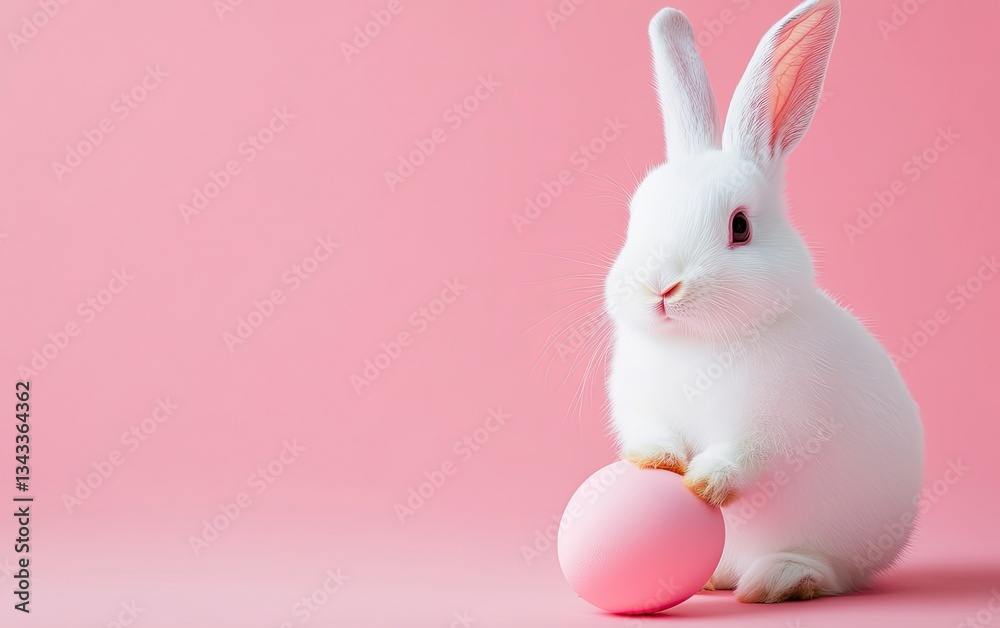 Obraz premium Cute White Rabbit with Pink Easter Egg on Pastel Background