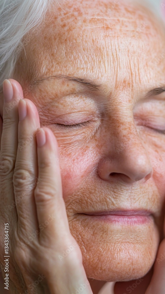 Fototapeta premium An elderly woman gently cradles her face with both hands, eyes closed, savoring a peaceful moment of reflection. Soft light highlights the warmth of her skin and tranquility
