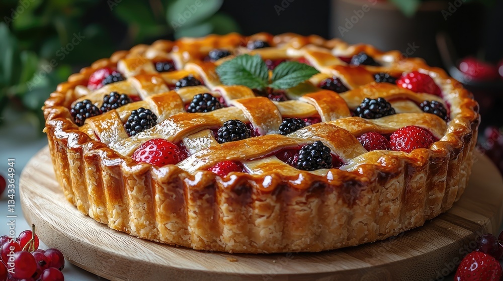 Freshly baked berry pie with a golden crust and vibrant fruit garnishes Freshly baked berry pie with a golden crust and vibrant fruit garnishes