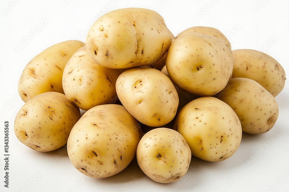 A bountiful harvest of creamy, golden potatoes, nestled together in a rustic pile, showcasing their earthy tones and smooth skins against a bright white background. A bountiful harvest of creamy, golden potatoes, nestled together in a rustic pile, showcasing their earthy tones and smooth skins against a bright white background.