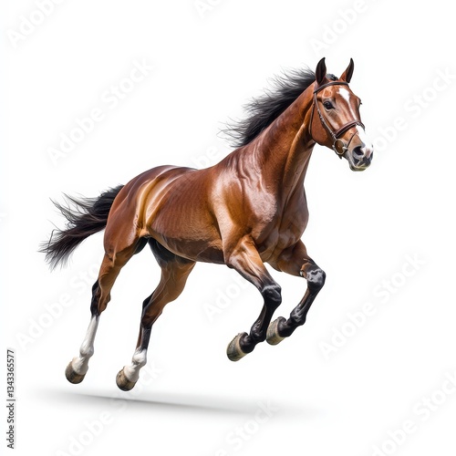 Powerful Brown Horse Galloping Freely in Bright White Background