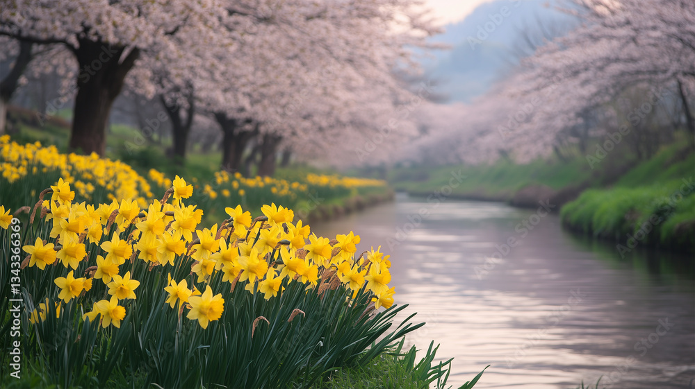 Fototapeta premium 桜並木と河原の水仙が織りなす日本の春景色