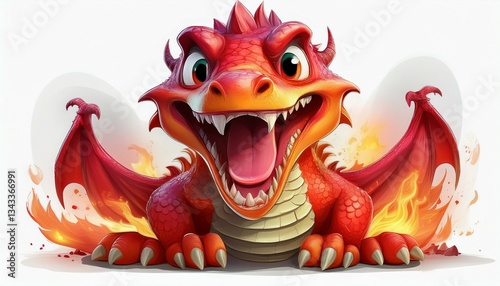 Silly red dragon with giant tongue tripping over its tail while breathing fire, goofy animated cartoon character, Ultra HD cutout isolated on white

