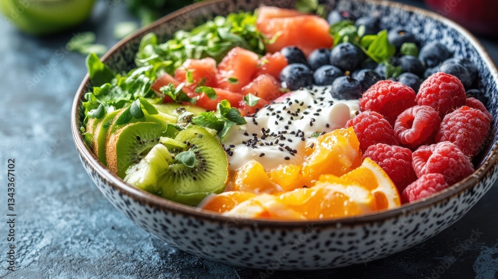 A vibrant bowl overflowing with a colorful medley of fresh fruits, crunchy vegetables, and creamy yogurt, a symphony of flavors waiting to be savored. A vibrant bowl overflowing with a colorful medley of fresh fruits, crunchy vegetables, and creamy yogurt, a symphony of flavors waiting to be savored.