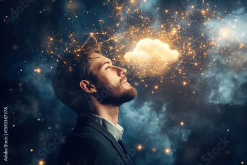 Thoughtful Man Gazing at Cloud of Ideas with Stars in a Surreal and Dreamlike Atmosphere