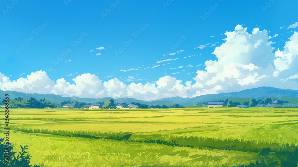 Fototapeta premium wallpaper background green rice field anime style digital art illustration painting 