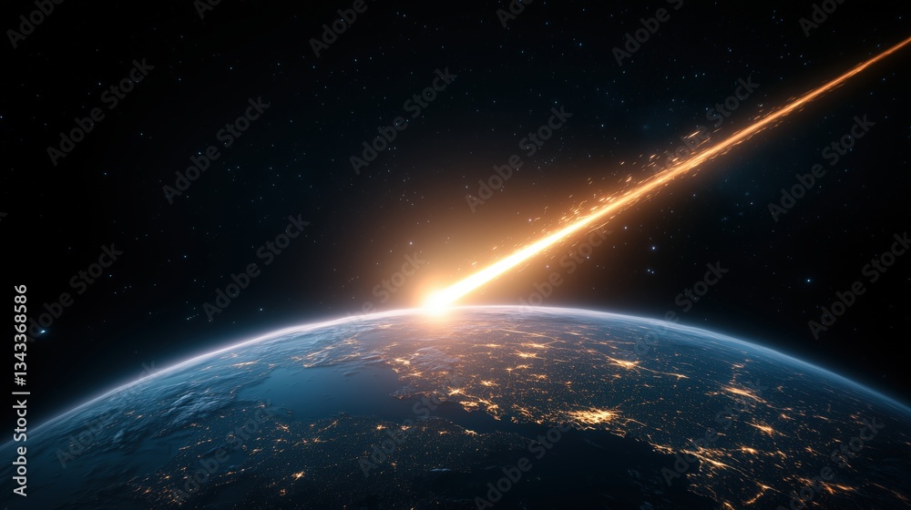 Obraz premium Burning meteor entering Earth's atmosphere over illuminated night city. Space and impact concept.