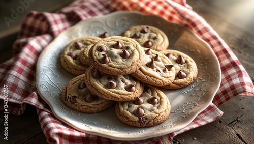 Chocolate chip cookies on ceramic plate with checkered cloth