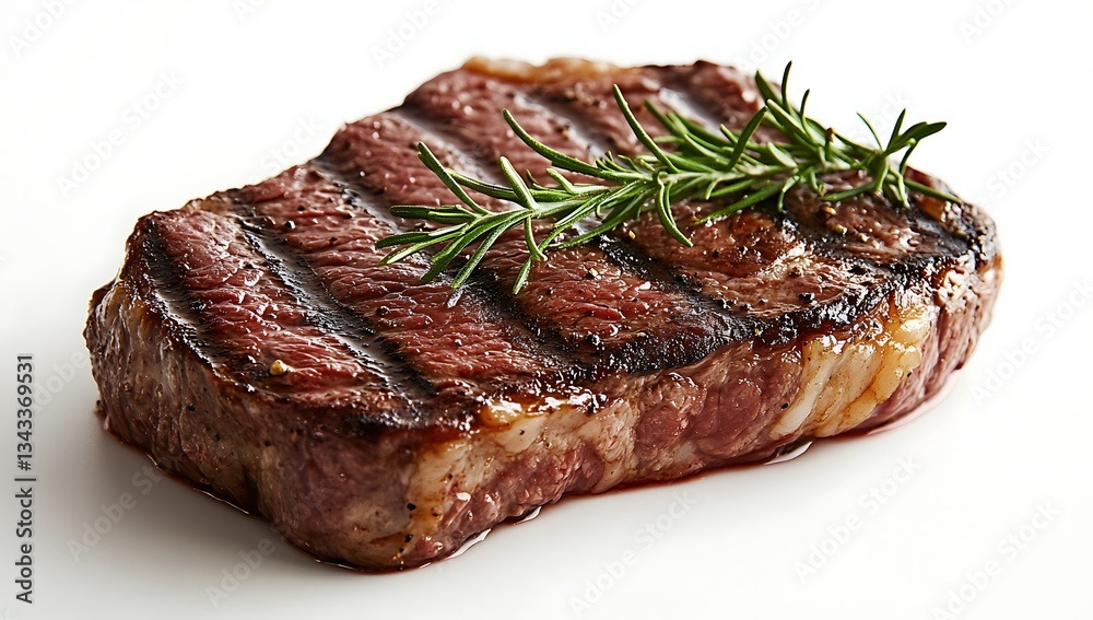 a perfectly grilled steak with distinct grill marks, garnished with fresh rosemary sprigs, presented on a white background, showcasing a mouthwatering and gourmet culinary experience a perfectly grilled steak with distinct grill marks, garnished with fresh rosemary sprigs, presented on a white background, showcasing a mouthwatering and gourmet culinary experience