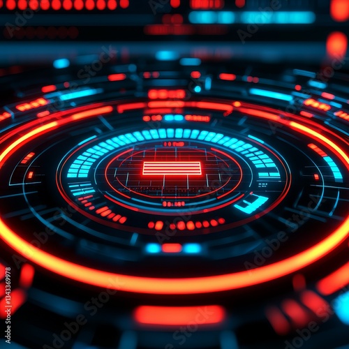 Wallpaper Mural AI content generators concept. A futuristic digital interface featuring vibrant red and blue lights, showcasing intricate circular patterns and data elements. Torontodigital.ca